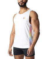 A muscular man wearing a white Nasty Pig Aura Pride tank top with rainbow side stripes and a matching chest logo.