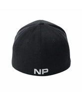Black fitted barbed wire snout cap showing the back with white embroidered np logo on the fabric
