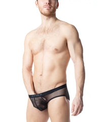 Black mesh blur bikini brief with solid black waistband featuring the stypig logo for stylish comfort