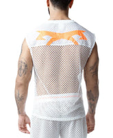 Back view of a man wearing a white mesh sleeveless shirt with a vibrant orange graphic logo across the upper back.