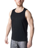 Black double top tank top with round neckline sleeveless design and subtle side seam detailing