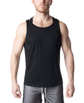 Black sleeveless double top tank top with round neckline and subtle side seam detailing for athletic wear