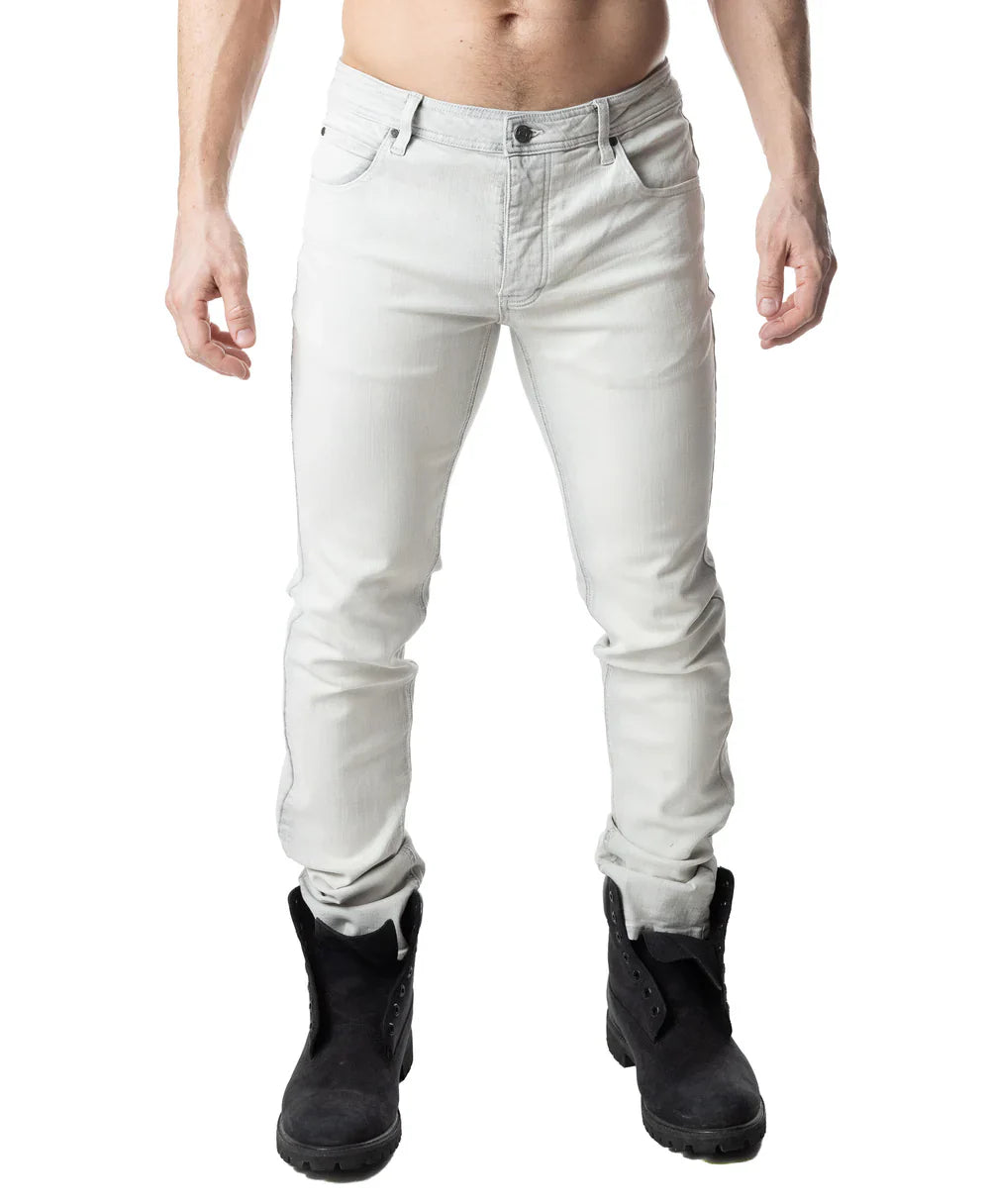 Light gray slim-fit denim jeans with classic five-pocket design and rolled cuffs from NP JEAN bleached collection