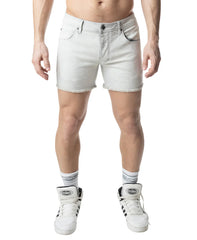 Light-wash denim quad short bleached with frayed hem and classic five-pocket design perfect for casual wear