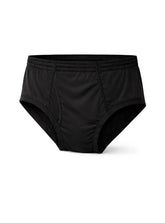Black men’s nylon active underwear briefs with elastic waistband and smooth form-fitting fabric front view