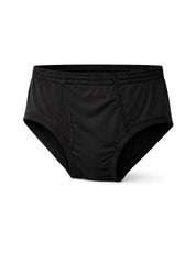 Black men’s nylon active underwear briefs with elastic waistband and smooth form-fitting fabric front view