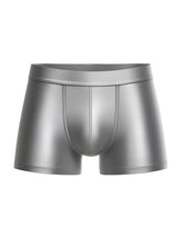 Shiny metallic silver nylon luxury trunk briefs with sleek form-fitting design and subtle stitching details