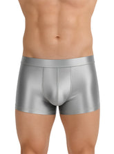 Shiny silver nylon luxury trunk briefs with a smooth sleek design and snug fit made from metallic fabric