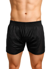 Black nylon tricot boxer shorts with smooth shiny fabric and elastic waistband for athletic use