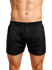Black nylon tricot boxer shorts with smooth shiny fabric and elastic waistband for athletic use