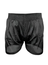 Black nylon tricot boxer shorts with textured shiny fabric and elastic waistband for athletic use