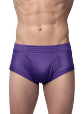 Purple nylon tricot briefs with left side fly and smooth glossy satin finish featuring subtle seam detailing