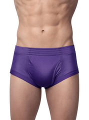 Purple nylon tricot briefs with left side fly and smooth glossy satin finish featuring subtle seam detailing