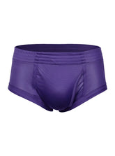 Purple nylon tricot brief swim trunks with smooth shiny fabric and elastic waistband featuring left side fly