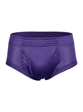 Purple satin nylon tricot brief swim trunks with smooth shiny finish and elastic waistband