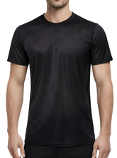 Black nylon tricot crew neck t-shirt with short sleeves and smooth slightly shiny fabric front view