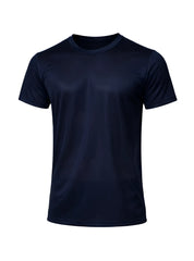 A navy blue nylon tricot crew neck t-shirt with short sleeves made of smooth lightweight fabric
