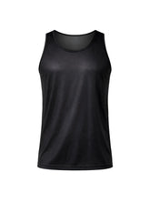 Black nylon tricot sleeveless tank top with smooth moisture-wicking fabric and mesh lining at the neckline