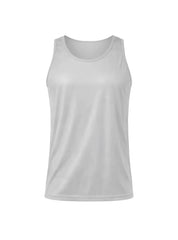White sleeveless nylon tricot tank top with smooth lightweight fabric and rounded neckline for athletic wear