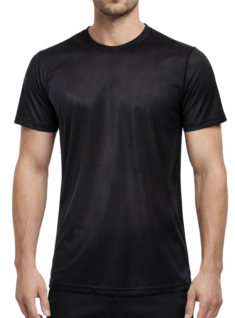 Black nylon tricot crew neck t-shirt with short sleeves and smooth slightly shiny fabric front view