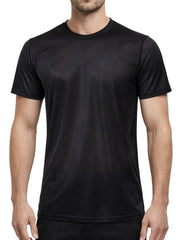 Black nylon tricot crew neck t-shirt with short sleeves and smooth slightly shiny fabric front view