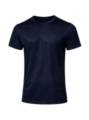 A navy blue nylon tricot crew neck t-shirt with short sleeves made of smooth lightweight fabric