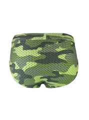 Green and black camouflage-patterned mesh briefs nylux camo brief with breathable material for comfortable wear