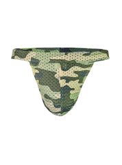 Nylux camo jockstrap in green and beige camouflage patterned mesh briefs for breathable support