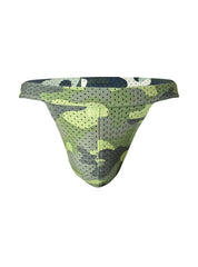 Green and gray camouflage patterned mesh briefs from nylux camo jockstrap showing breathable fabric design