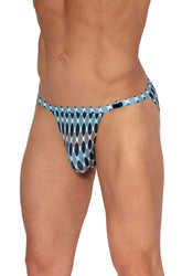 Man wearing Olaf Benz blue print riotanga underwear with a geometric oval pattern on a white background.