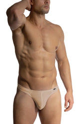 Beige sheer mesh briefs olaf benz ministrings with minimalist design and subtle branded waistband shown from the back