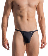 Black form-fitting thong with sleek minimalist design and subtle waistband branding shown from the back by OLAF BENZ 0965 RIOTANGA