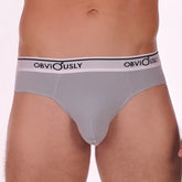 Gray obviously pouch brief full cut underwear in light grey with white waistband featuring obviously brand name in black