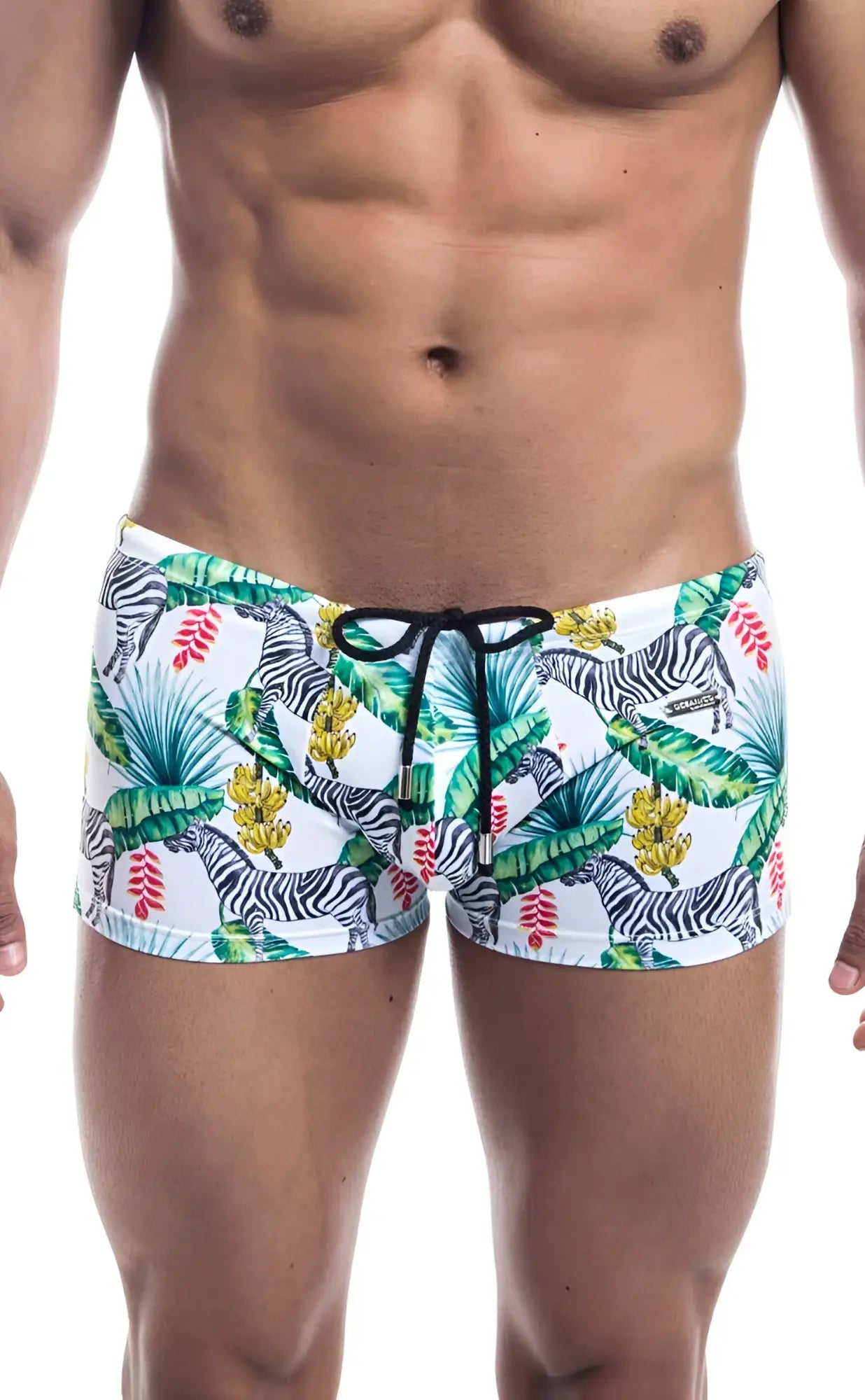 Oceanico square cut white swim trunks with vibrant tropical zebra pattern green palm leaves red flowers and black drawstring waistband