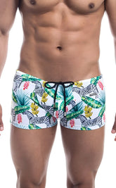 Oceanico square cut white swim trunks with vibrant tropical zebra pattern green palm leaves red flowers and black drawstring waistband