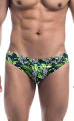 Oceanico swim bikini green and black trunks with vibrant jungle pattern featuring leopard prints and tropical leaves