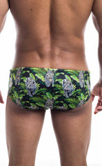 Oceanico swim brief in green and black with vibrant jungle pattern featuring leopards and tropical leaves
