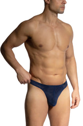 A navy blue textured fabric thong with sleek form-fitting design from olaf benz brazil brief collection