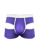 Purple men’s briefs with white trim and open back cut-out design showing the back side of the open back trunk