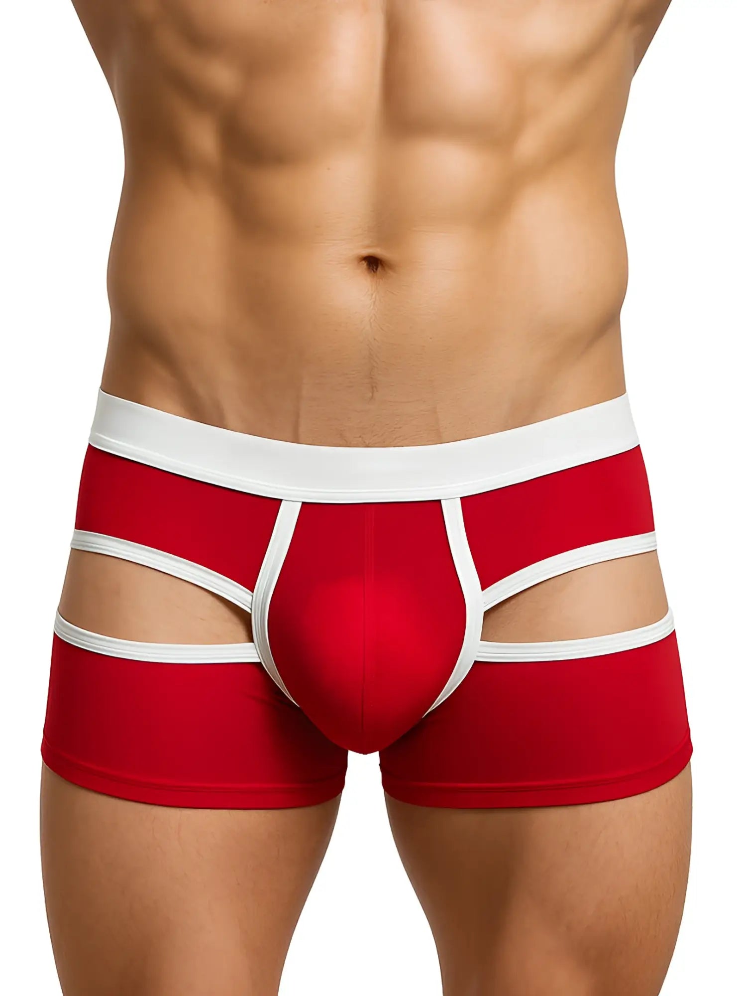 Open back trunk red and white striped cut-out briefs with bold modern design for stylish comfortable wear