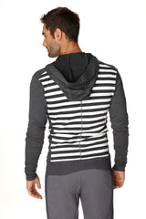 Original limited edition form-fit crossover yoga track performance fleece hoodie with charcoal gray stripe and solid hood