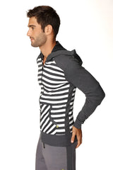 Original limited edition form-fit crossover yoga track fleece hoodie with black and white striped front panel