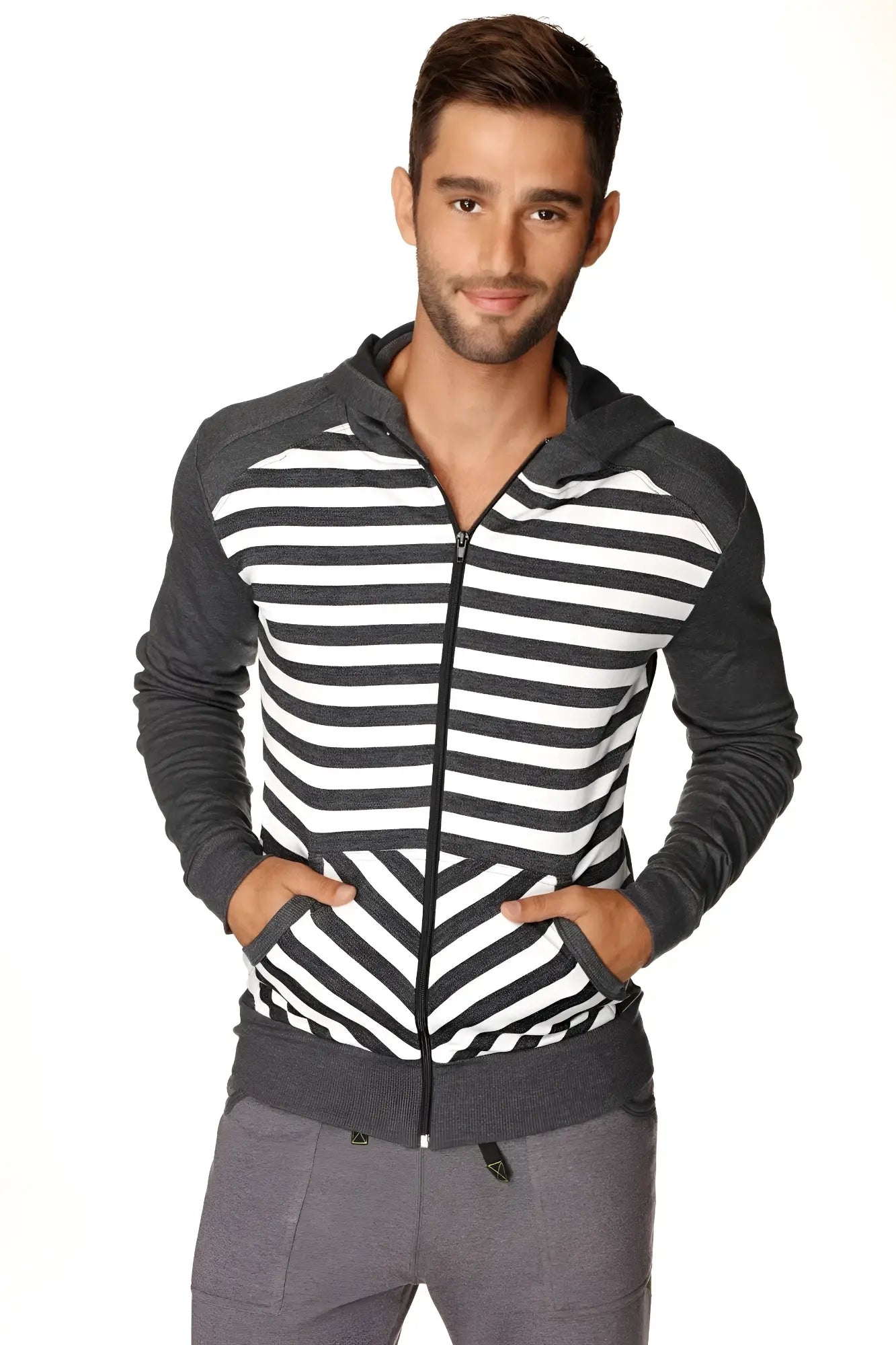 Men’s form-fit crossover yoga track fleece hoodie with bold black and white stripe and charcoal sleeves and hood