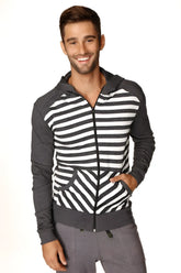 Men’s charcoal stripe form-fit crossover yoga track performance fleece hoodie with black and white chest stripes