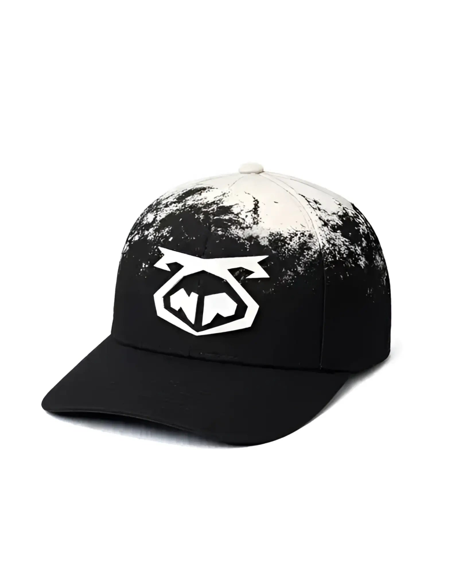 Black oxidize snout cap with white splatter paint effect and bold geometric logo on the front for casual wear