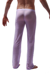 A pair of sheer lavender pants net lilac men’s pajama pants with lightweight smooth fabric and elastic waistband