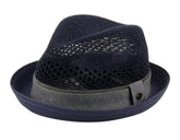 Navy blue paper straw fedora with textured gray fabric band and perforated crown detailing in multiple colors