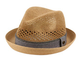 Tan paper straw fedora with gray fabric band and perforated detailing in multiple colors for stylish wear