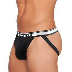 Black papi brand cotton stretch essentials jockstrap underwear in black with white and silver striped waistband size l