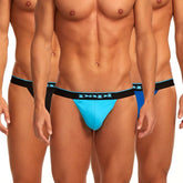 Bright blue papi brand cotton stretch jockstrap with black waistband and light blue trim size m from 3 pack thong set